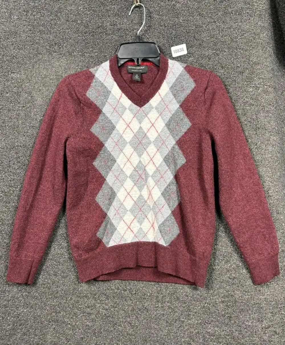 Banana Republic Extra Fine Merino Wool Argyle Sweater Mens Sz M Burgundy V-Neck